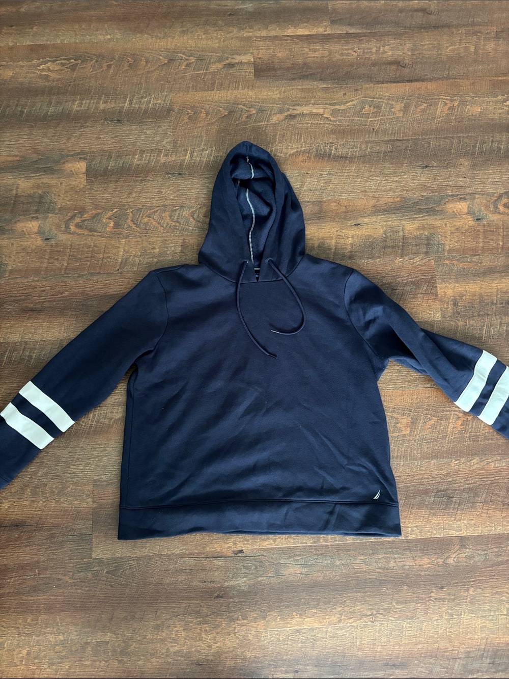 Nautica Navy Hoodie with White Sleeve Stripes